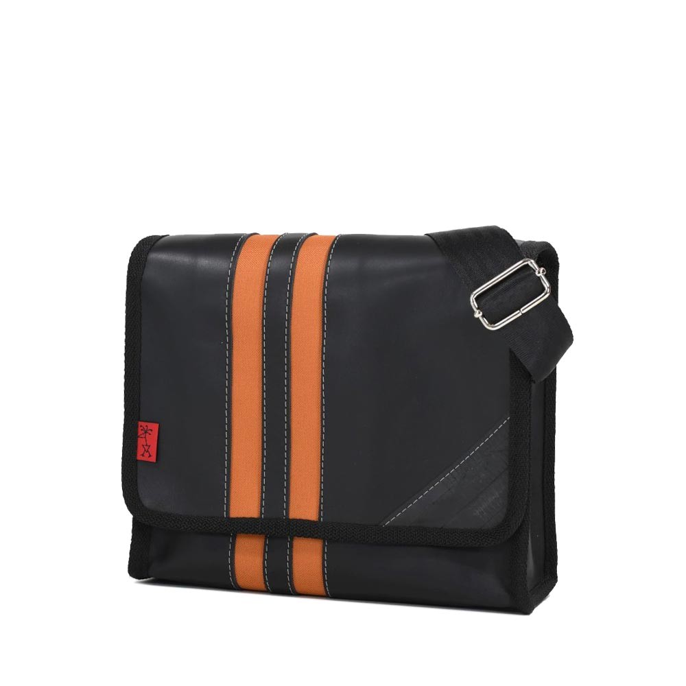 Umhängetasche Radlerengel Small - Leder schwarz/orange