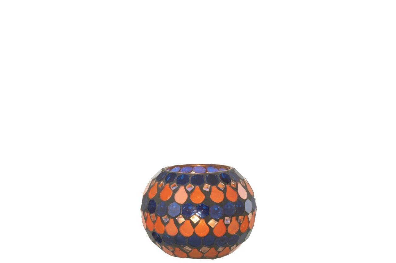 Mosaik Windlicht Orange-Blau klein Ø 10 cm Höhe 8,5 cm